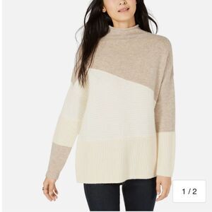 French Connection Wool Blend Colorblock Turtleneck Sweater beige womens large
